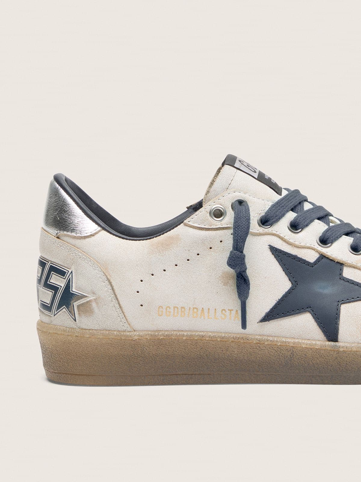 Golden Goose - Men’s Ball Star In White Leather With Dark Blue Leather Star And Silver Laminated Leather Heel Tab, Man