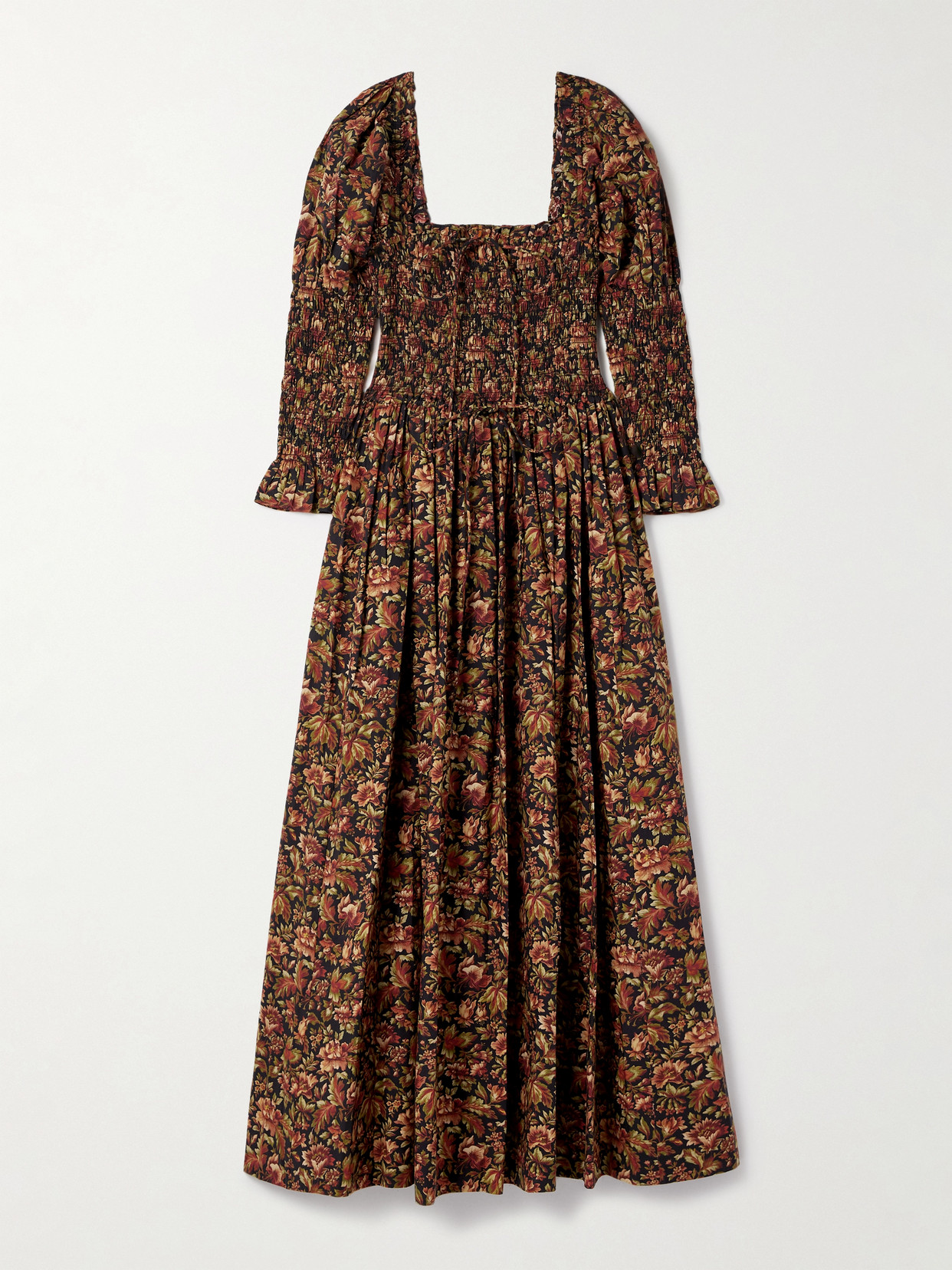 Bijou Shirred Floral-print Organic Cotton-voile Midi Dress - Black