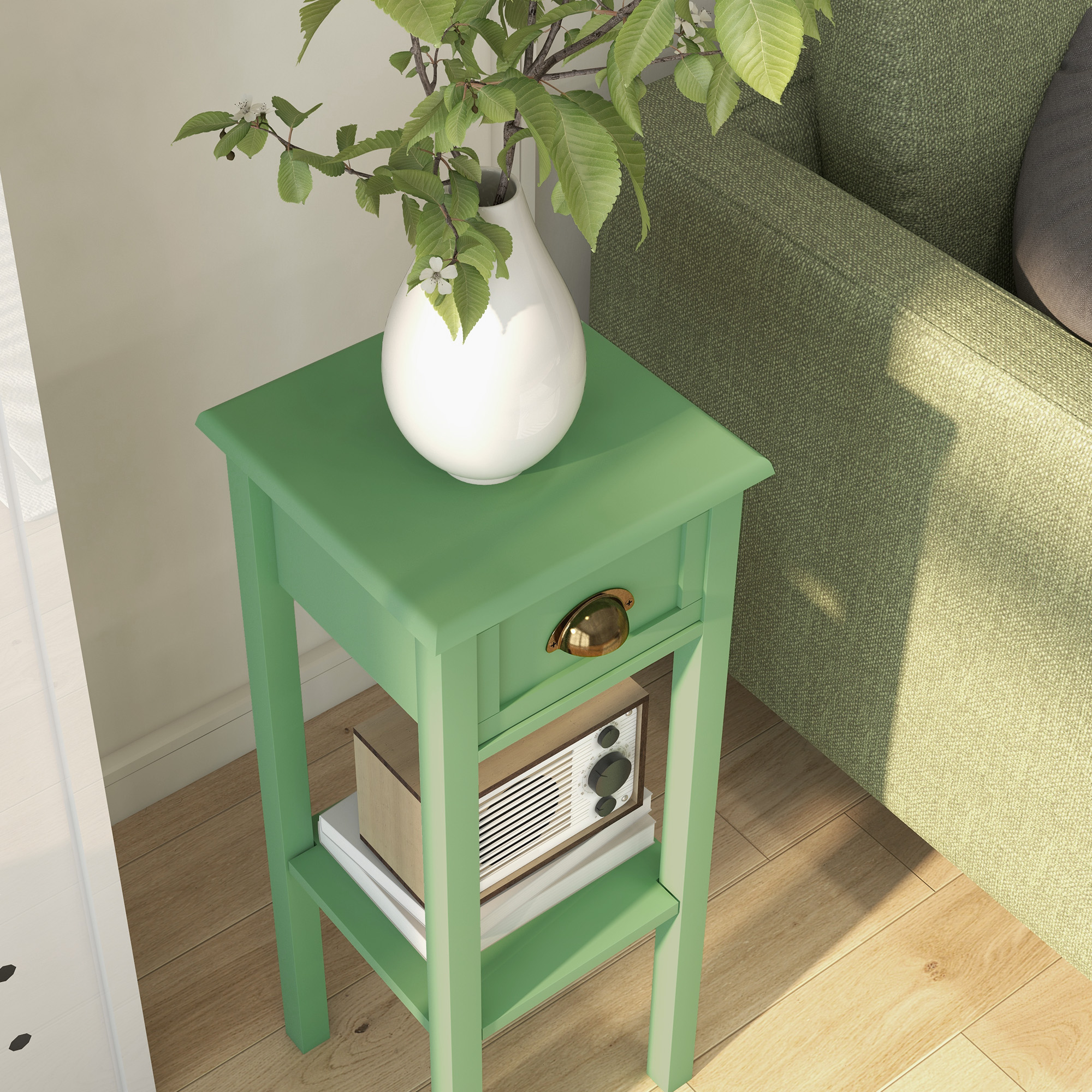 HOMCOM 2-Tier Side Table with Drawer Shelf, End Table for Living Room Hallway, Green Aosom.co