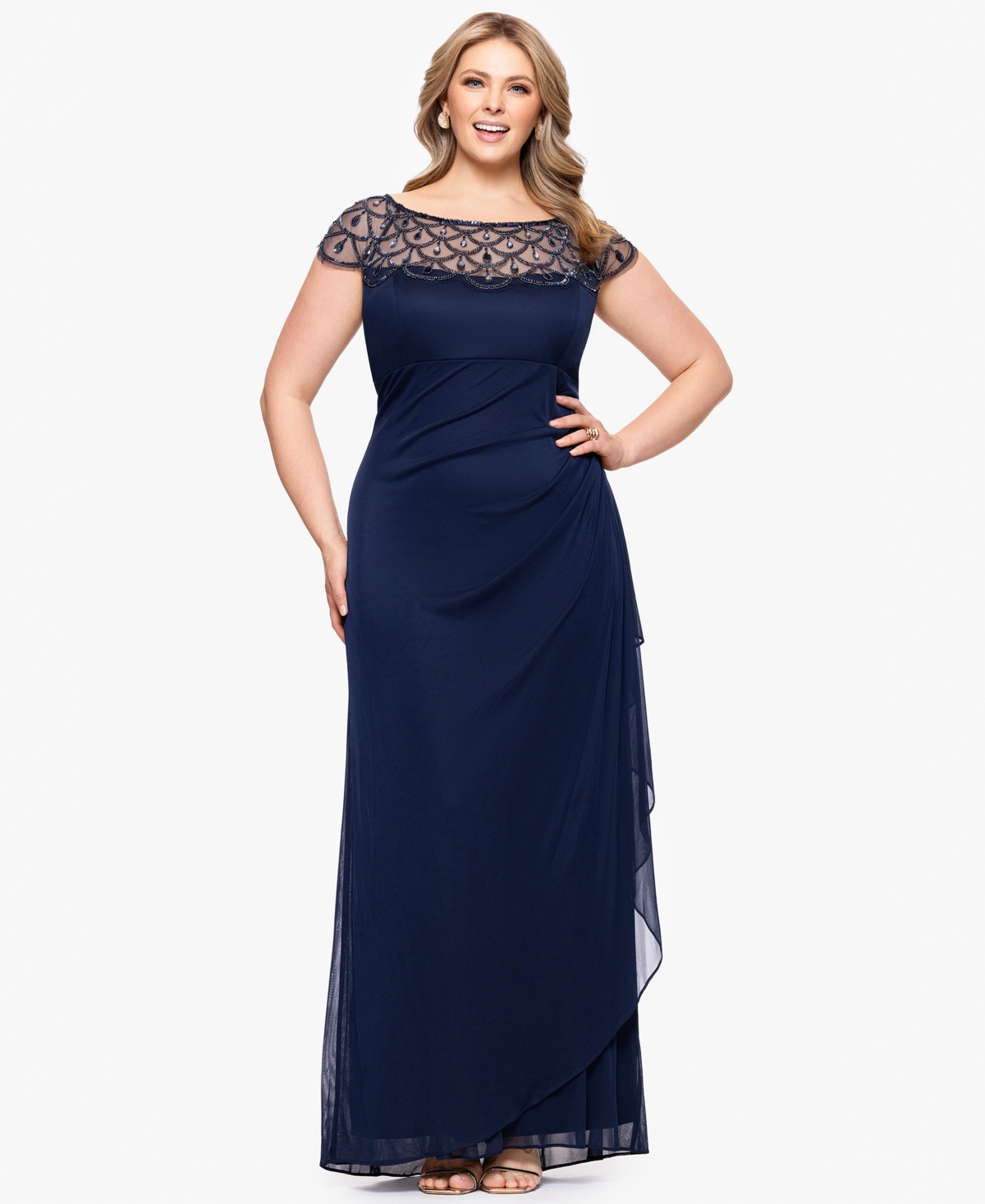 Plus Size Sheer Boat-Neckline Long Sheath Dress - Navy