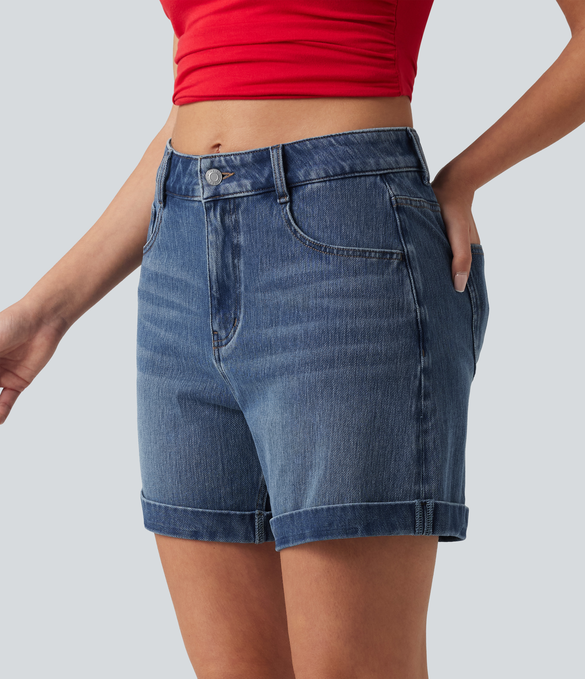Flex™ Mid Rise Rolled Hem Denim Casual Shorts 5'' with Pockets  - Blue Jasper Denim