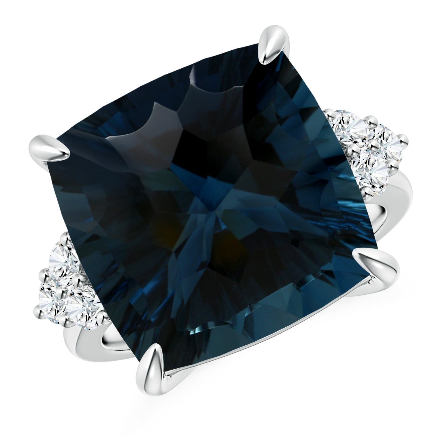 Angara 16.12 Carats GIA Certified Cushion London Blue Topaz Engagement Ring with Trio Diamonds in Platinum
