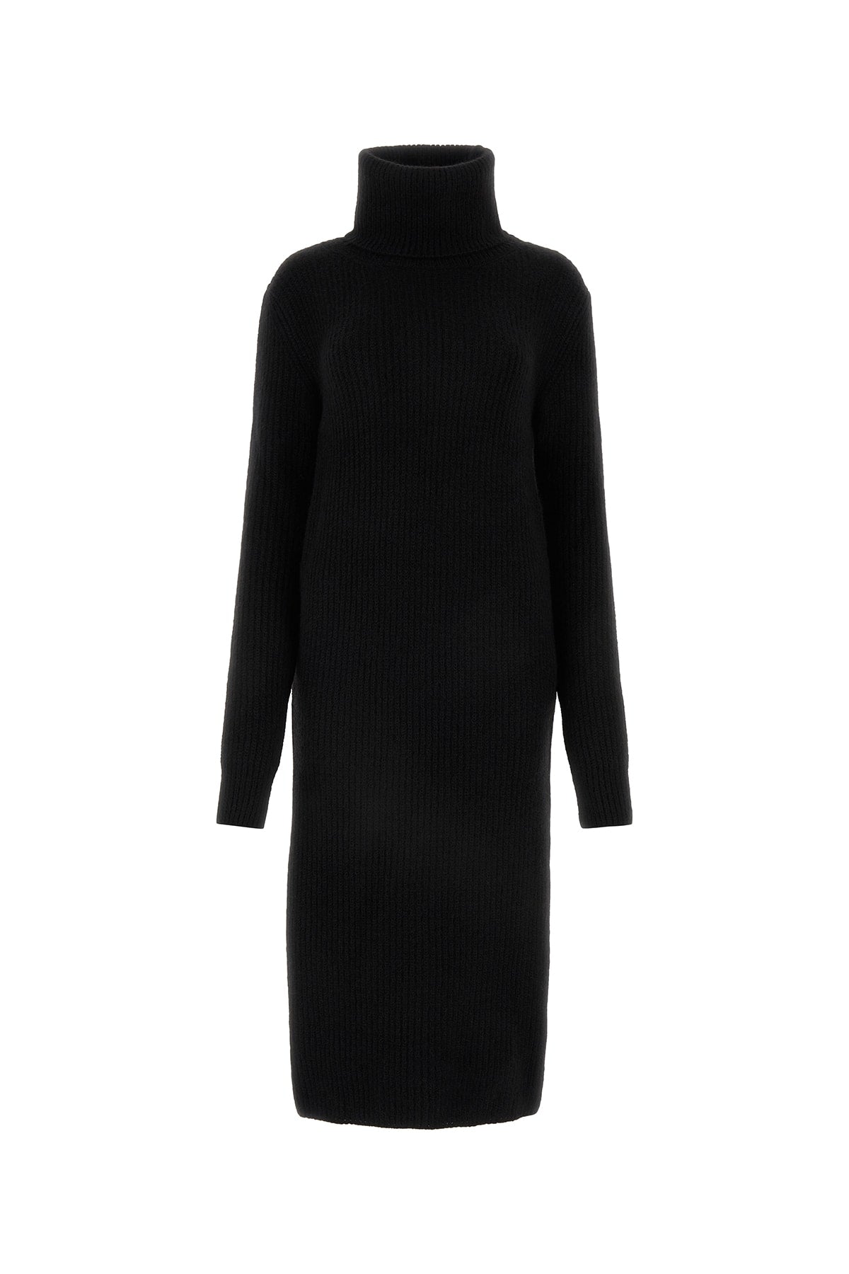 Rib-Knit Turtleneck Dress — Black