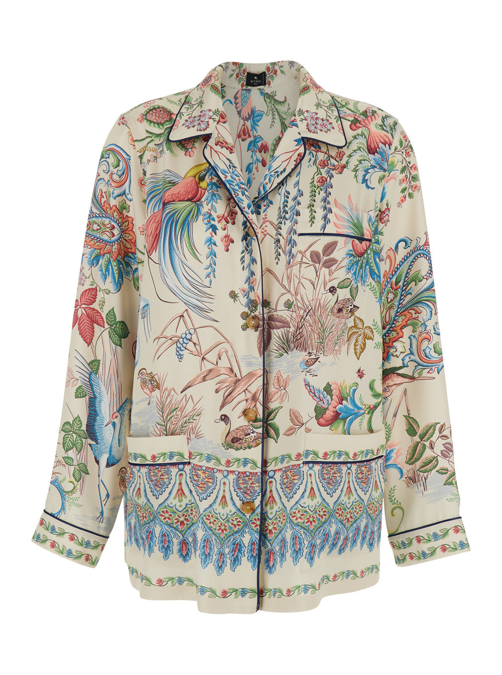 Botanical-Print Silk Shirt — Beige