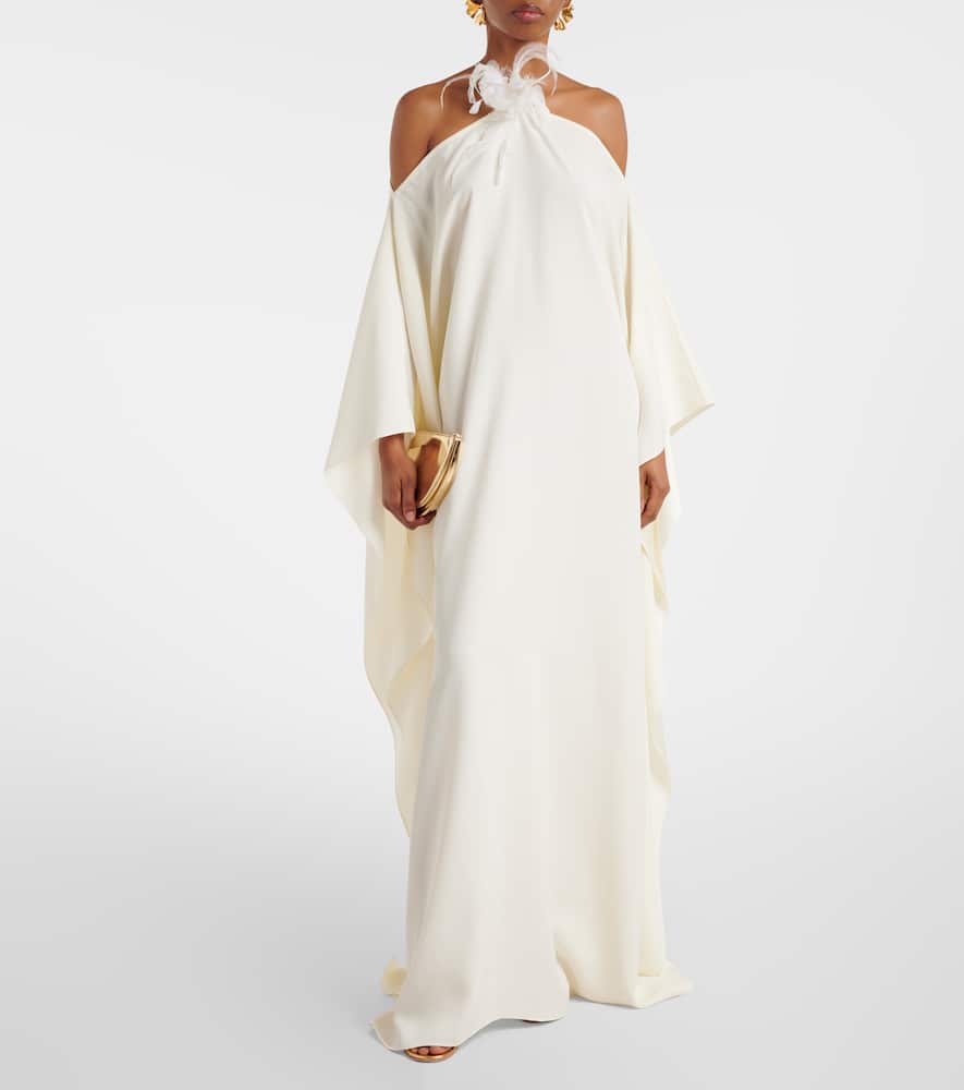 Feather-trimmed off-shoulder gown