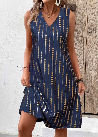 Modlily Blue Hot Stamping Geometric Print A Line Sleeveless Dre