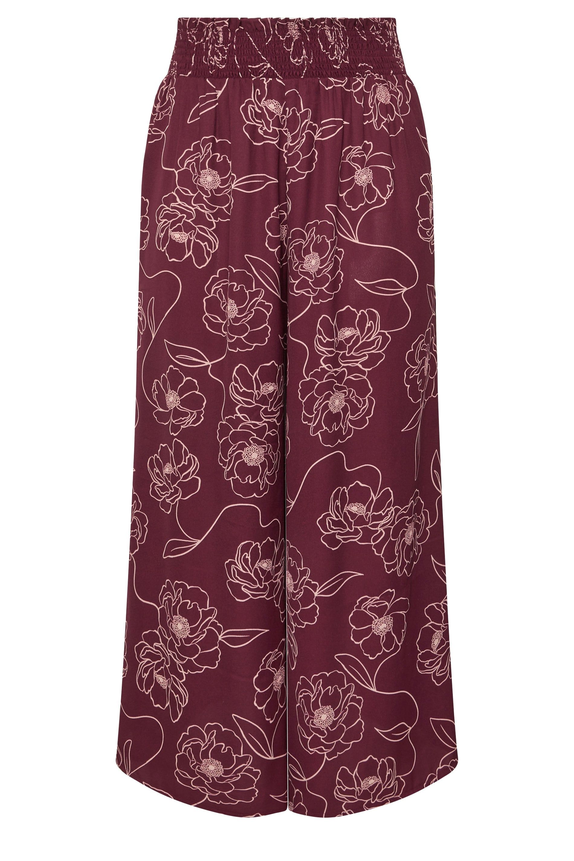 Yours Women's Floral Wide Leg Trousers in Burgundy