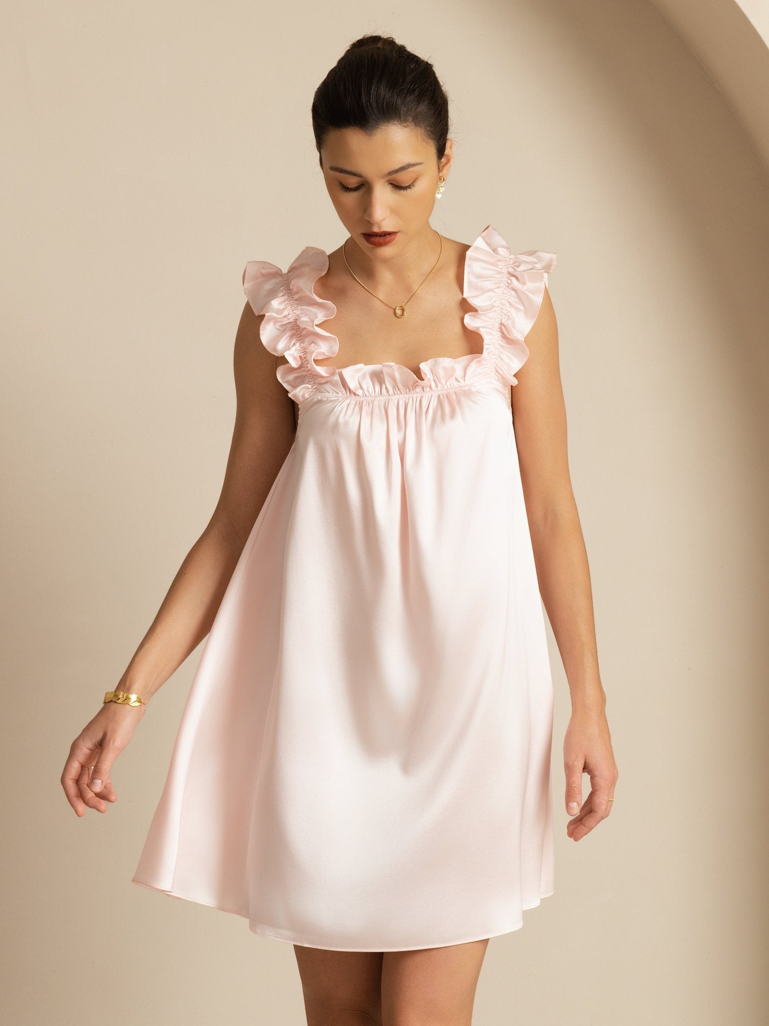19Momme Silk Ruffle Strap Square Neck  Babydoll A-Line Short Nightgown