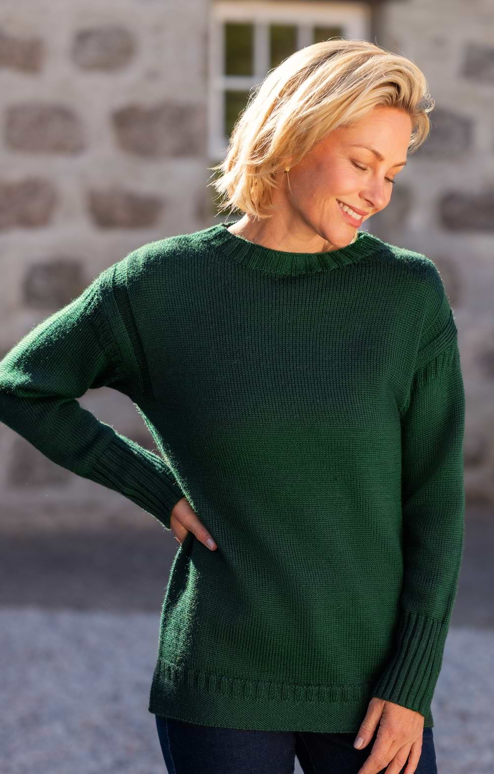 House of Bruar Munrospun Unisex Pure New Wool Guernsey Sweater - Bottle Green