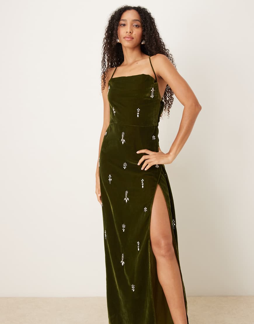 Cowl neck embellished velvet maxi dress in khaki green