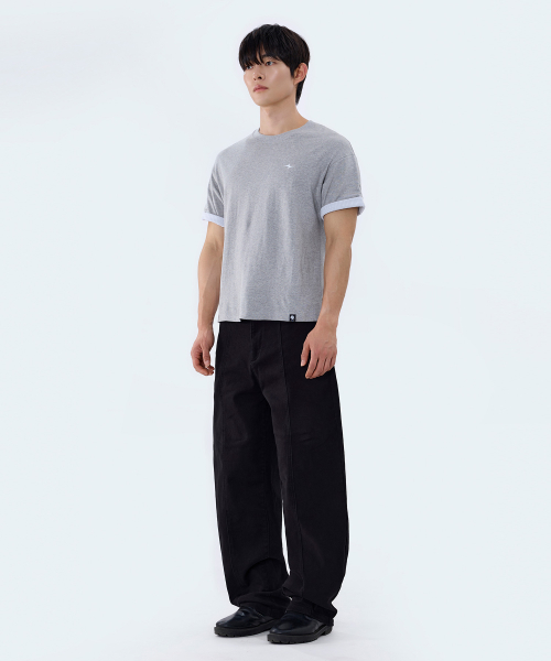 Cropped Stripe Color Block Roll-Up Short Sleeve T-Shirt GT-392_Gray