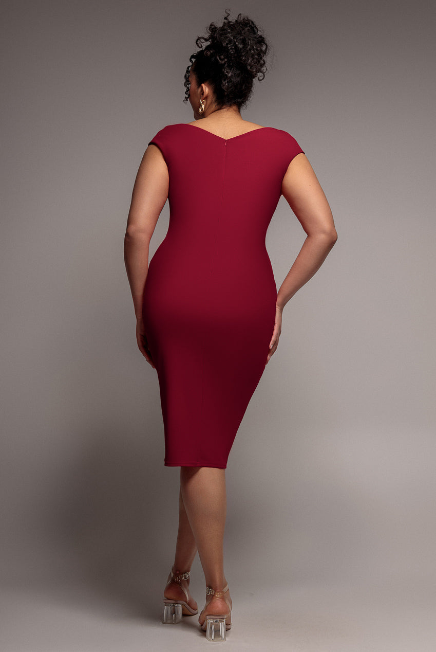Goddiva Plus Scuba Bardot Pleated Midi Dress - Wine