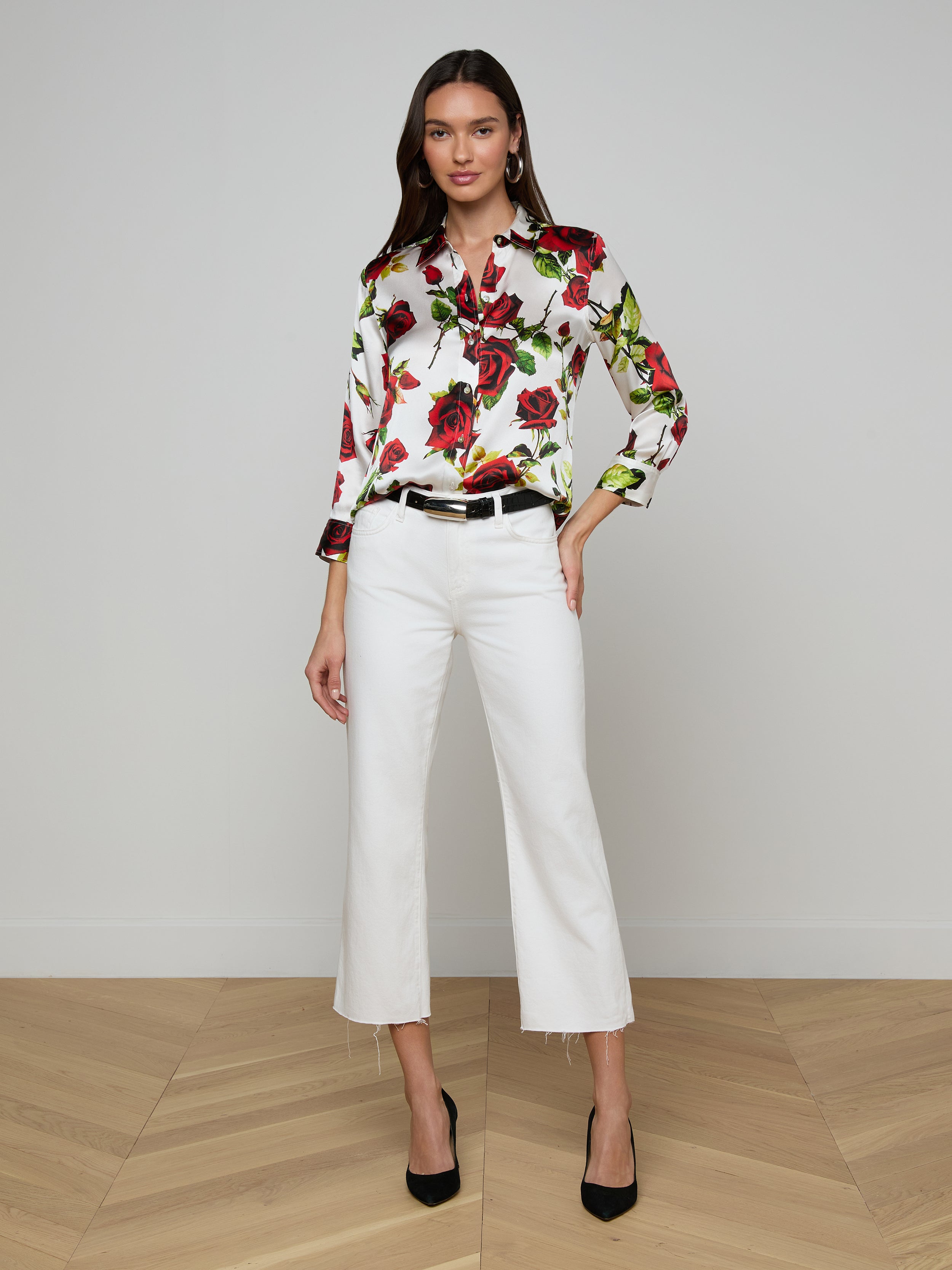 Dani Silk Blouse Top In White/red Romantic Rose