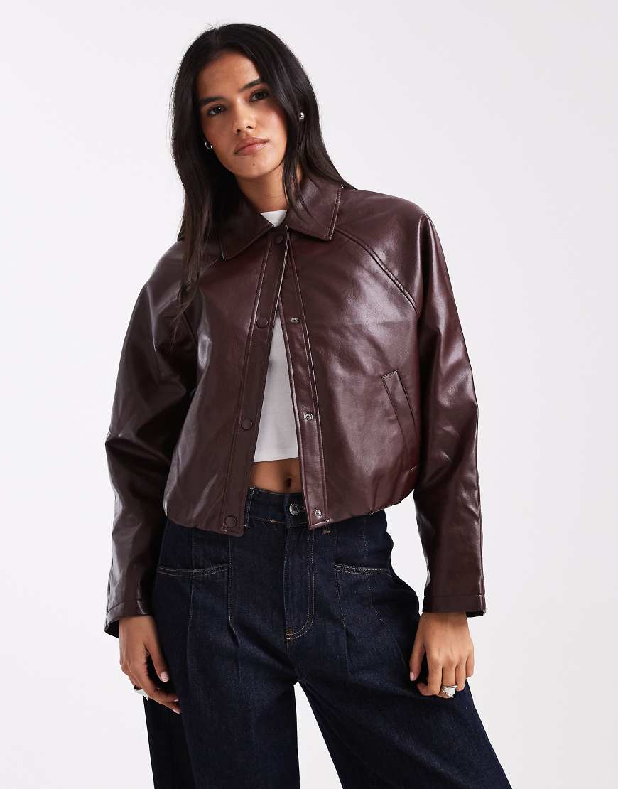 Bubble hem PU jacket in burgundy-Red