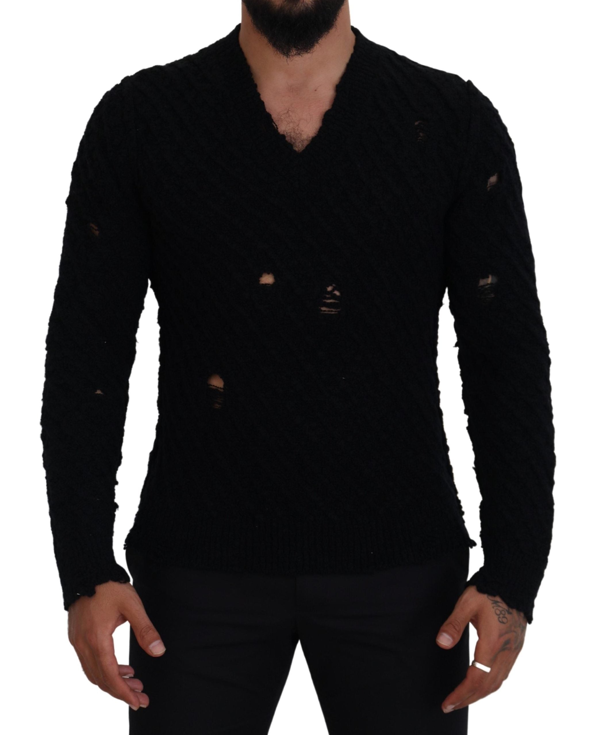 Wool V-Neck Knit Sweater — Black