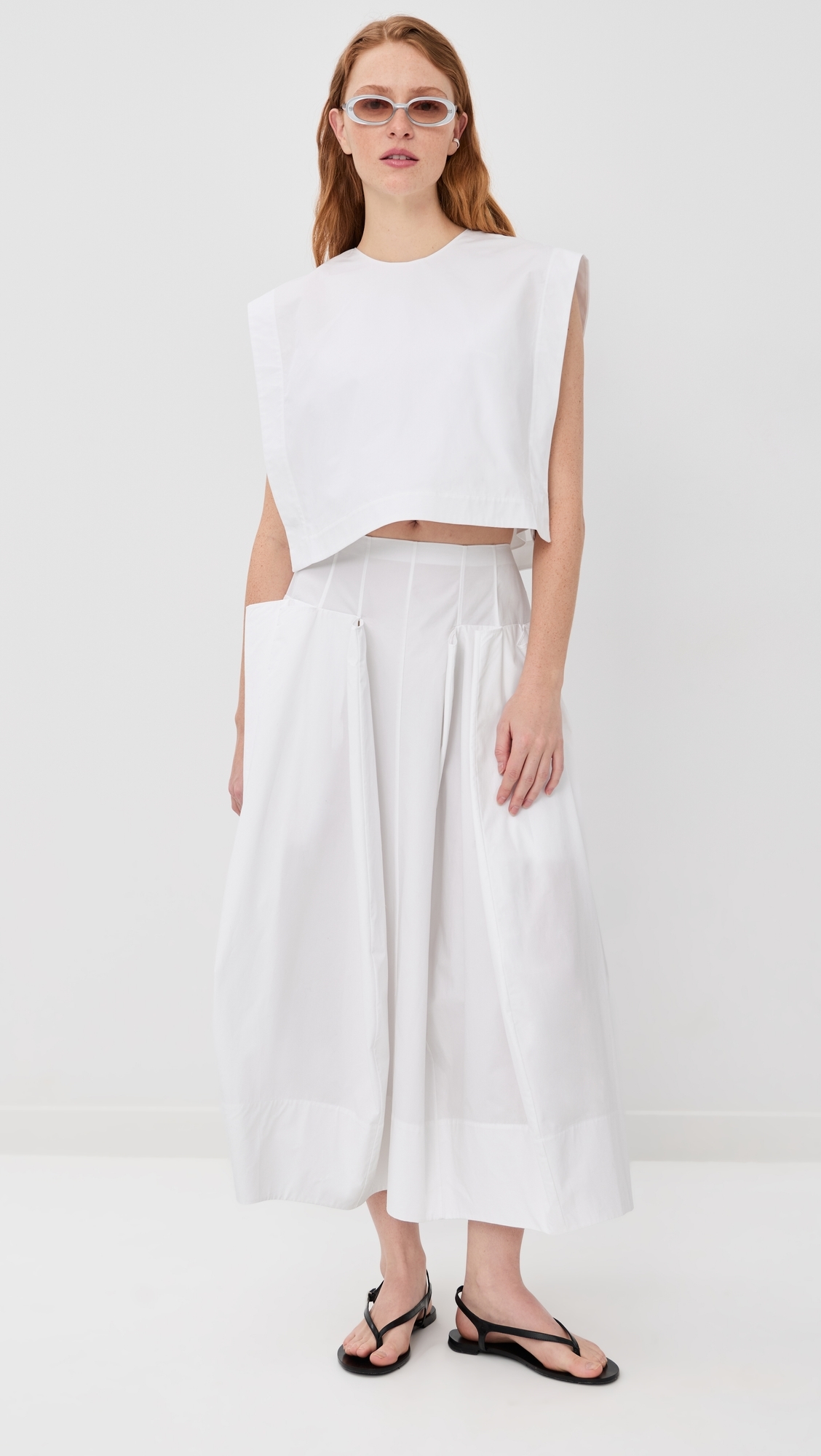 Compact Poplin Pinched Pleat Full Skirt White