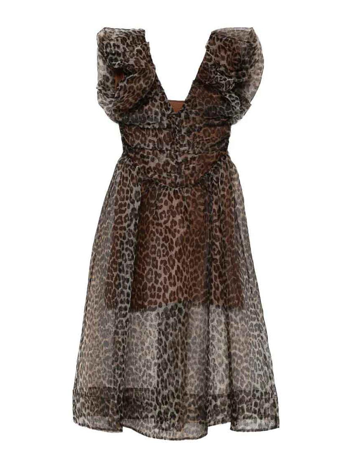 Printed Textured Organza Long Ruched Dress
