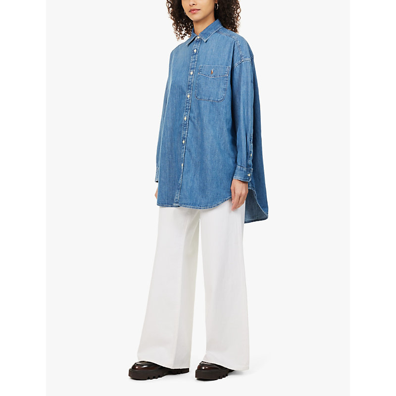 Womens Golfito Wash Oversized Patch-pocket Denim-chambray Shirt