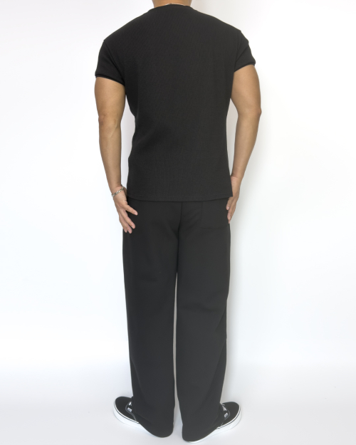 Muscle Fit Waffle Henley Neck Short Sleeve BLACK