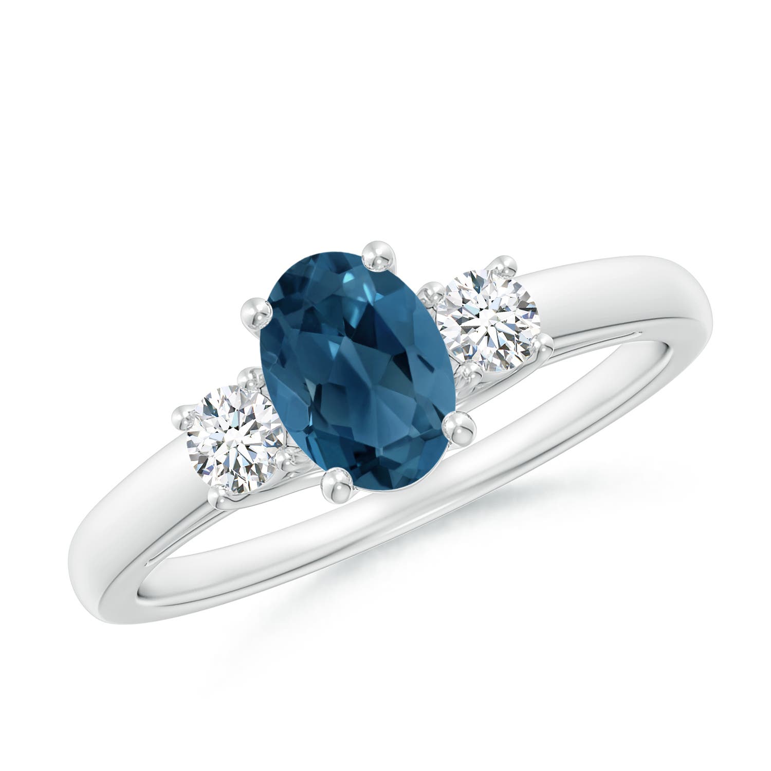 Angara 0.95 Carat Oval London Blue Topaz and Round Diamond Three Stone Ring in Platinum
