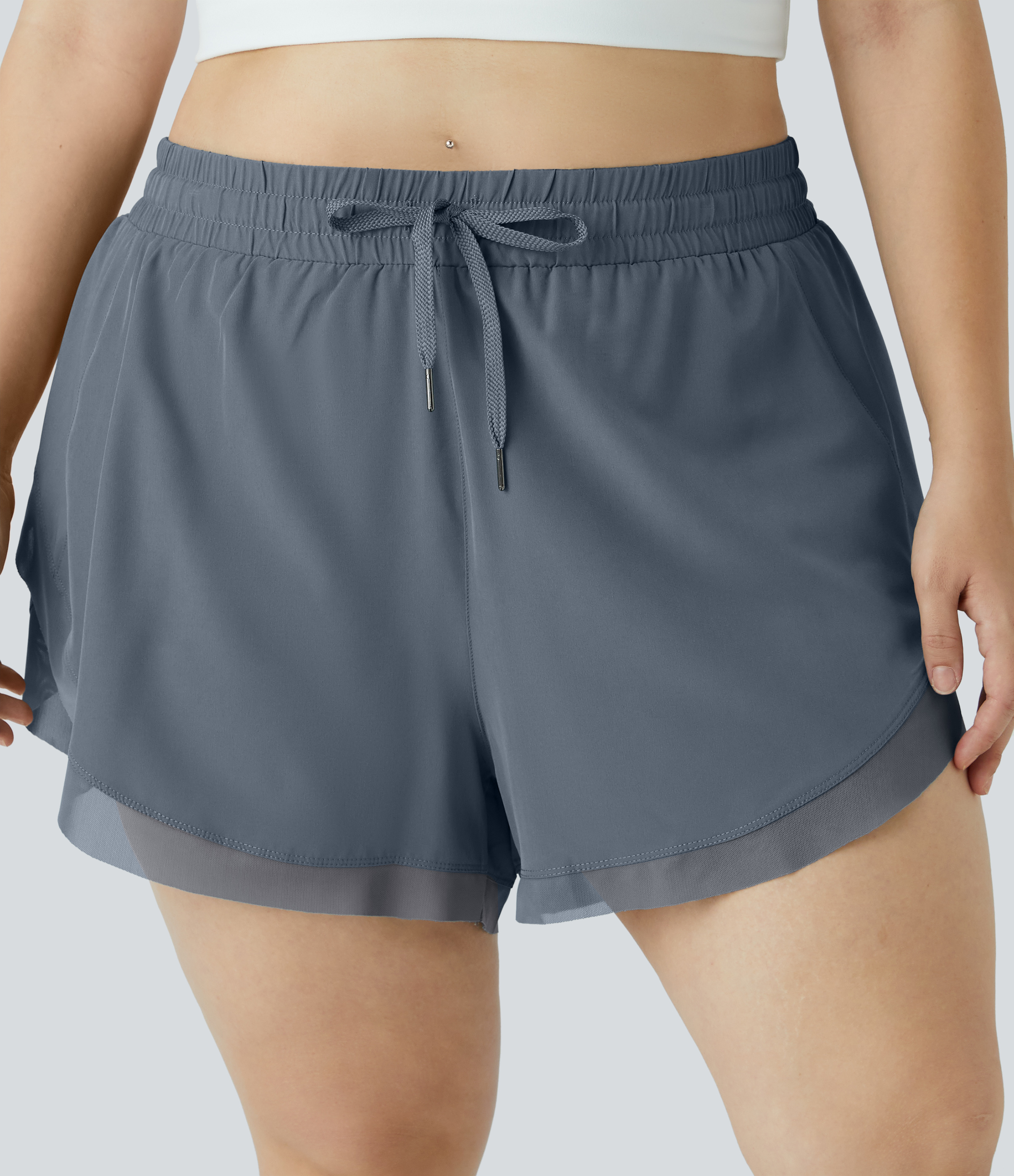 "Drawstring Contrast Mesh 2-in-1 Plus Size Shorts 4"" Gym Short - Ombre Blue