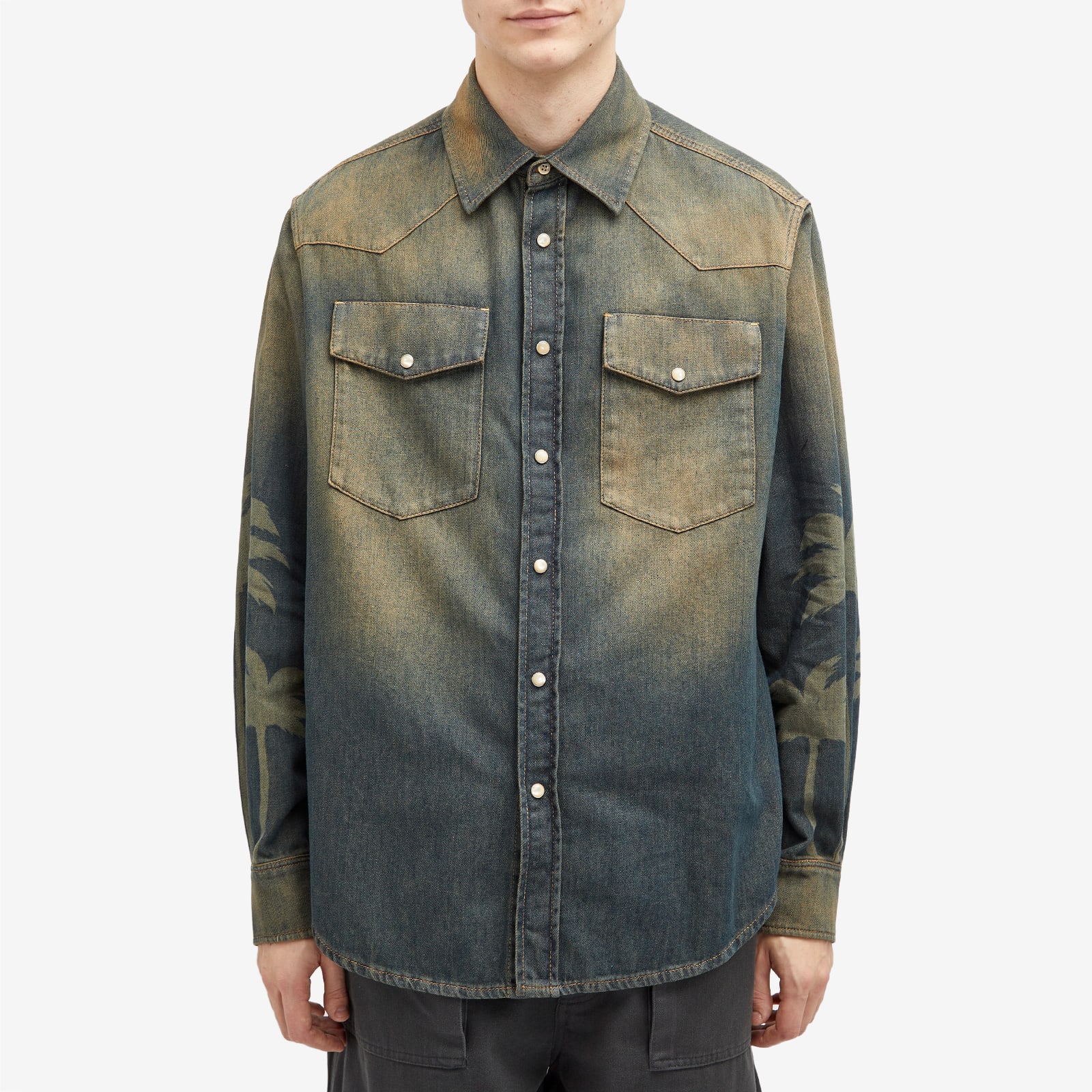 Men's Laser Palm Denim Shirt in Grey