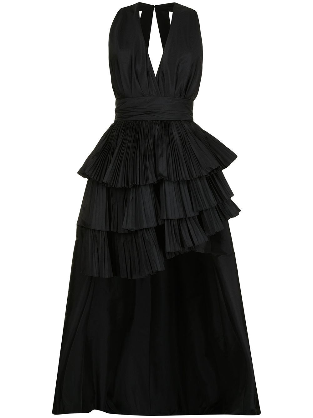 Pleated plunge-neck silk dress - Black
