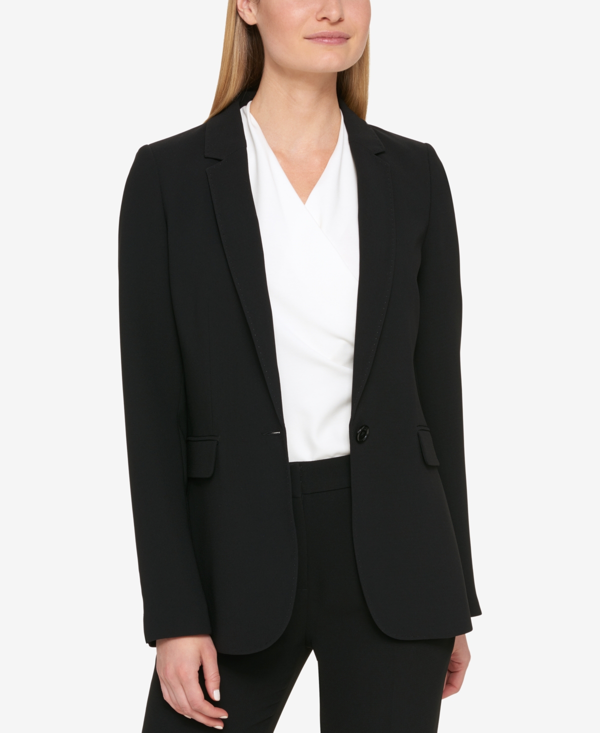 Petite Pick-Stitch Single-Button Blazer, Created for Macy's - Black