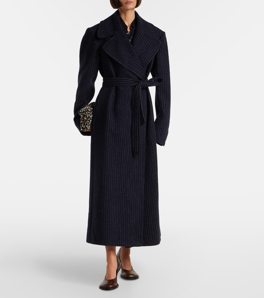 Belted pinstriped wool coat