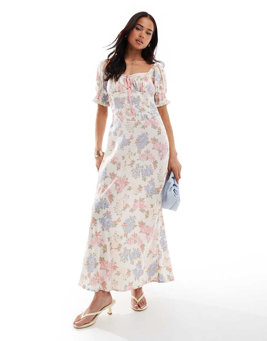 ASOS DESIGN sweetheart neckline ribbon midi dress in mixed floral print-Multi