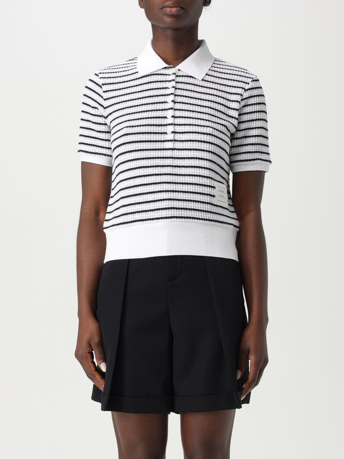 Striped textured-knit polo shirt - White