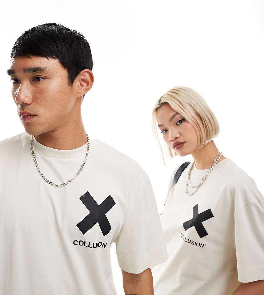 COLLUSION Unisex X logo cotton t-shirt in off-white