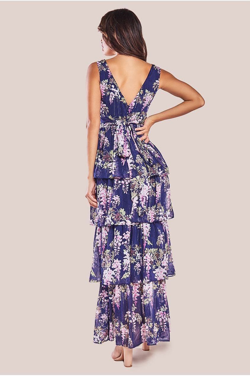 Goddiva Multilayered Chiffon Maxi Dress - Navy Flora