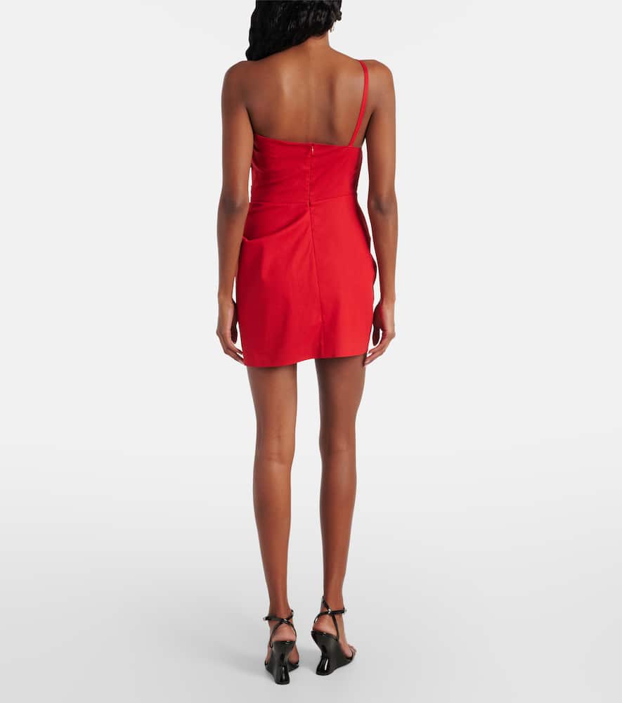 Floral-appliqué ruched one-shoulder minidress