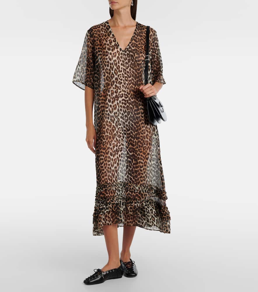 Leopard-print sheer chiffon midi dress