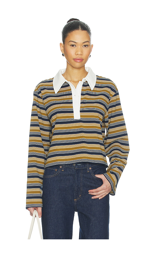 MADISON THE LABEL Ryland Rugby Top Green stripe in Blue. XS. Also in L, M, S, XL/1X