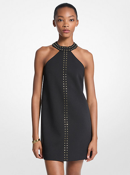 Studded Stretch Crepe Halter Mini Dress