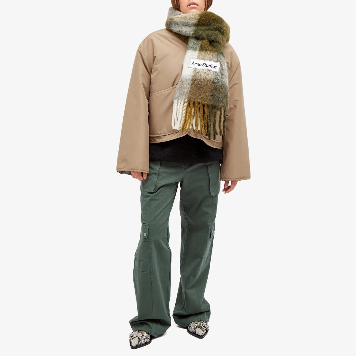Women's Vally Checked Scarf in Taupe/Green/Black