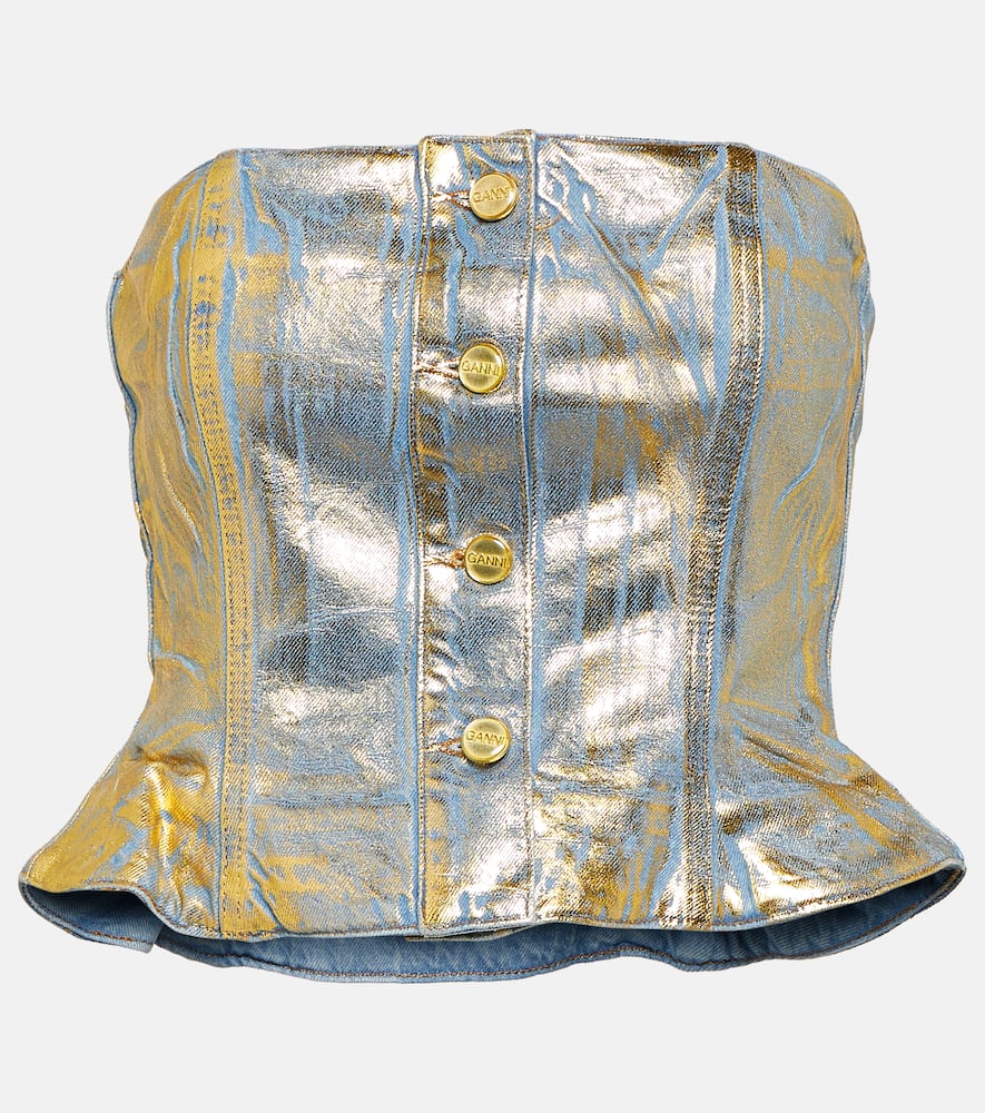 Ganni Gold-foiled denim tube top