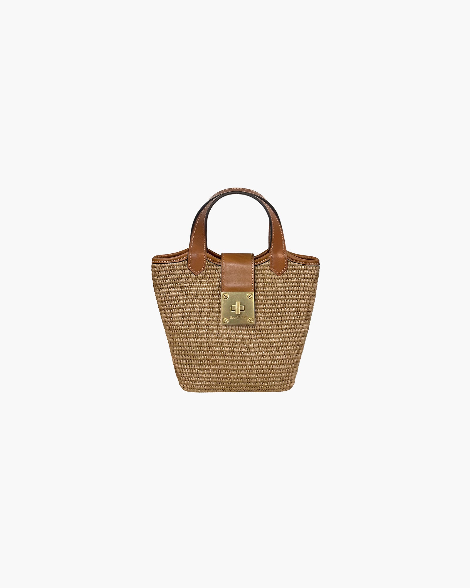 Mini Myka Straw Bag - Black - Women's Compact Bucket Bag with Leather Handles and Turn Lock Closure