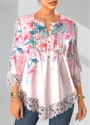 Modlily Light Pink Tuck Stitch Floral Print 3/4 Sleeve Blouse