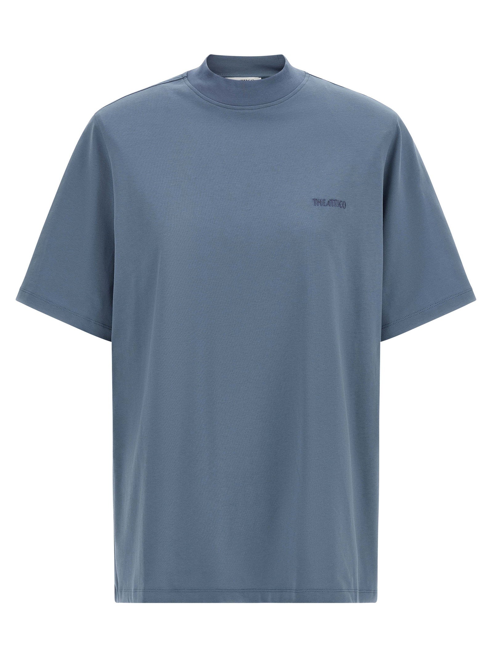 Mock-Neck Cotton T-Shirt — Blue
