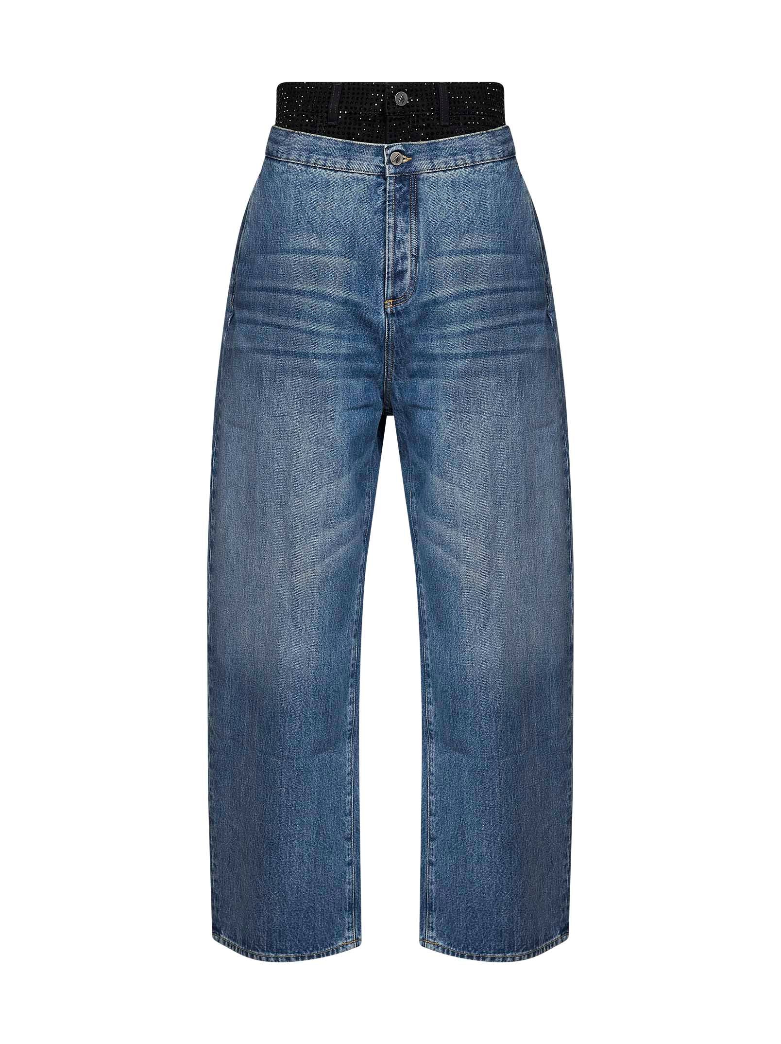 Double-Waistband Rhinestone-Embellished Jeans — Blue