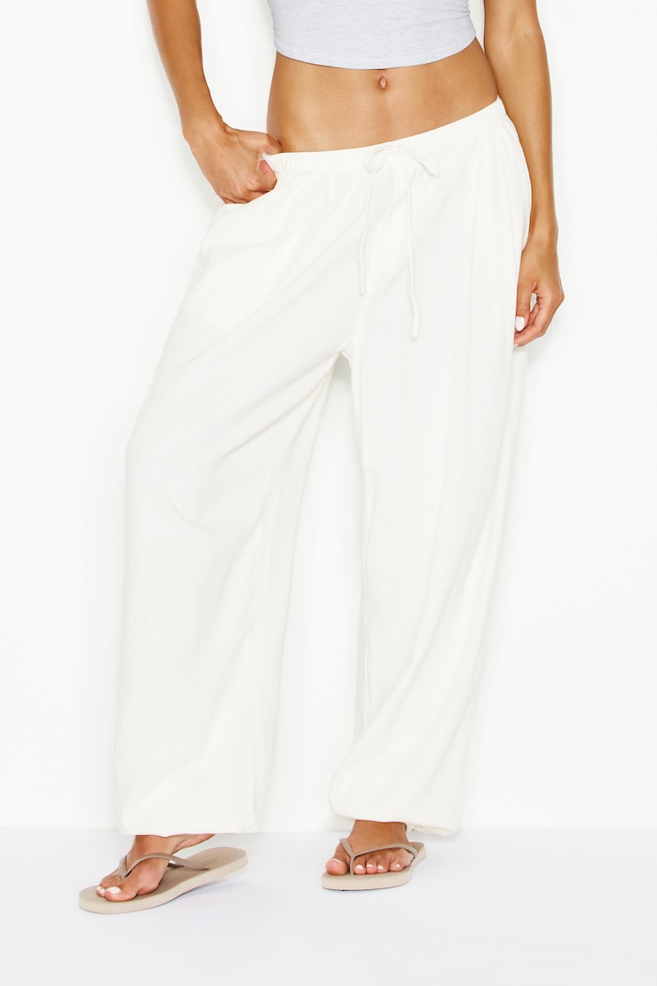 Linen Balloon Pants - White - Women Clothing
