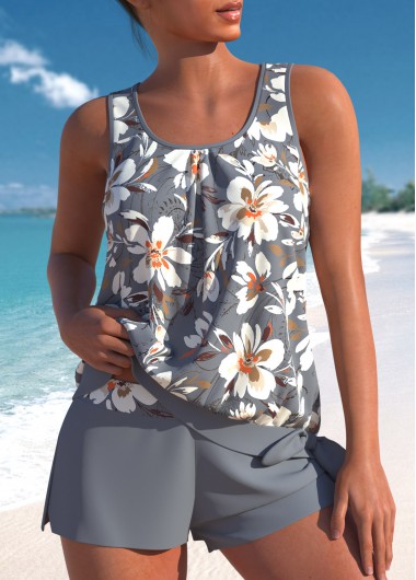 Modlily Grey Bowknot Tankini With Bottom Floral Print Wide Strap Tankini Set