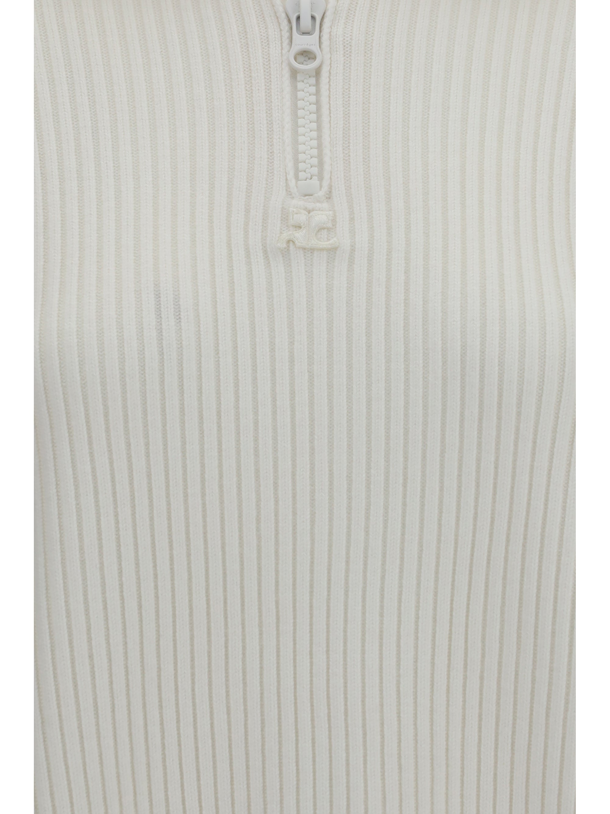 Ribbed Merino Wool Zip Sweater — White