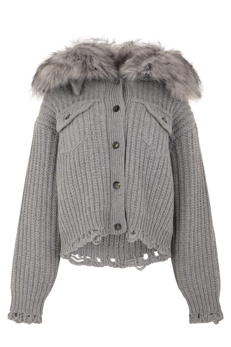 Fur-trimmed knitted jacket - Grey