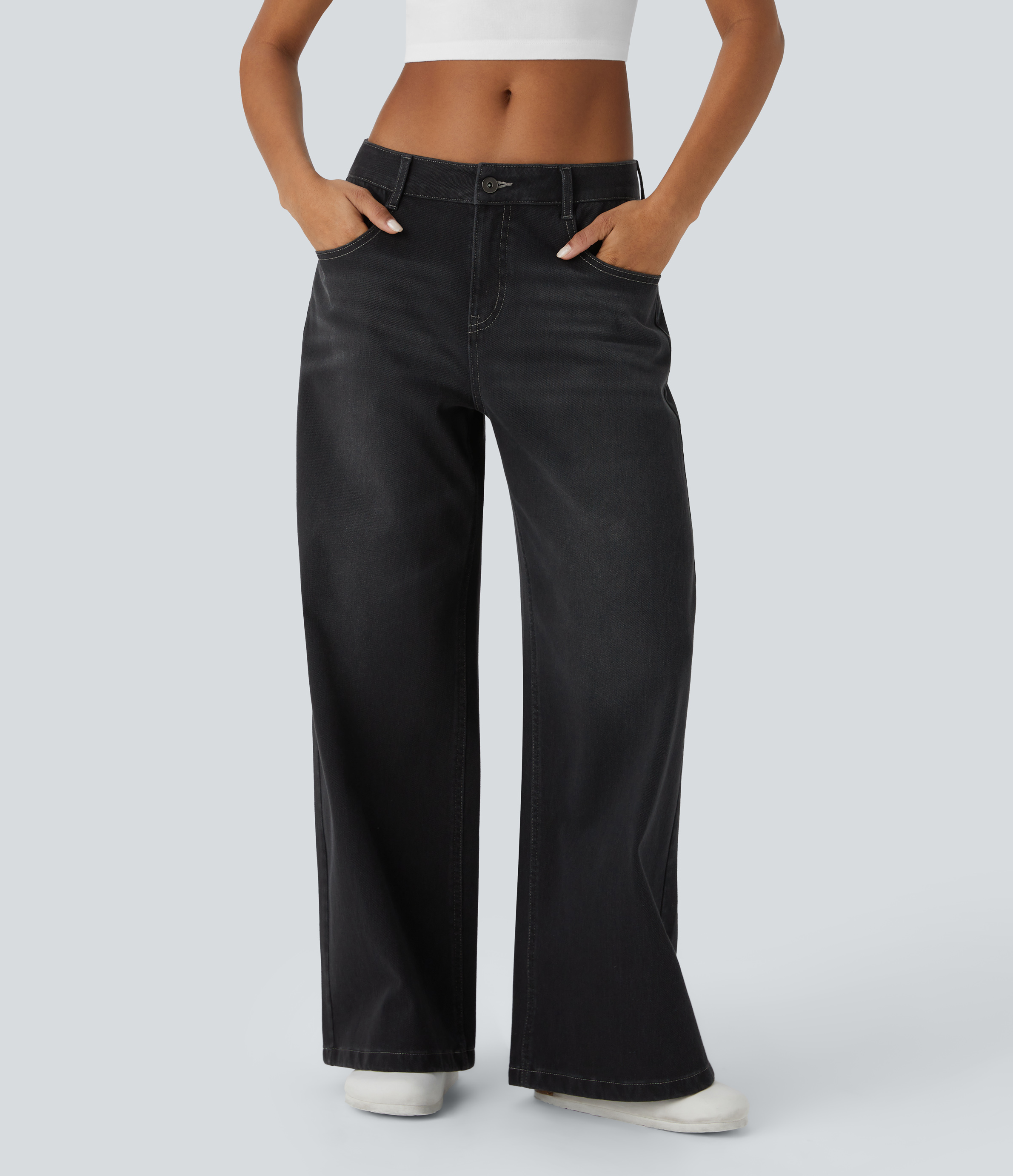 Flex™ Low Rise Zipper Pockets Washed Baggy Wide Leg Casual Jeans  - Deep Ink Black Denim