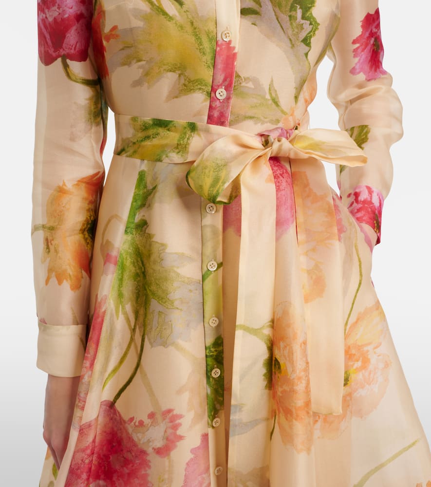 Belted floral silk shirt dress