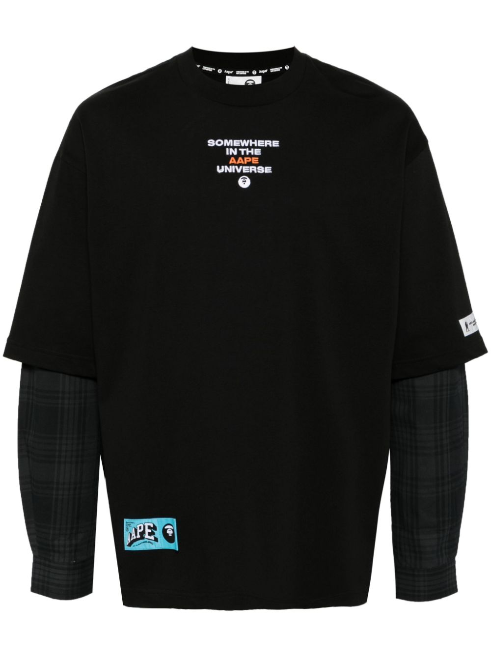 Moonface plaid-panelled long-sleeve tee - Black